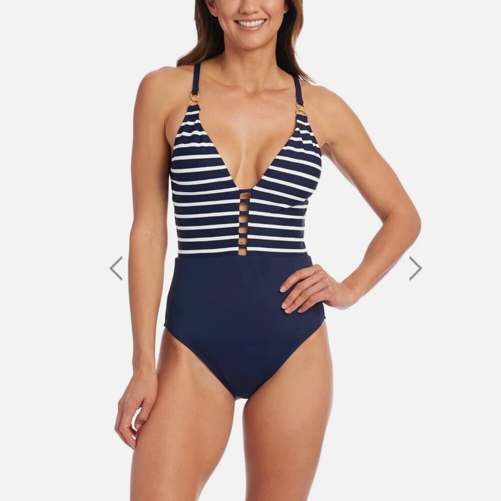 NWT La Blanca Capri Stripe Plunge One Piece Swimsuit Size 16W 1LB1VB10 Indigo